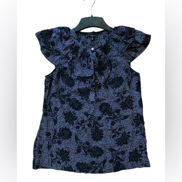 Ann Taylor 100% Silk Dark Blue formal Floral Ruffle top size medium - Picture 1 of 10